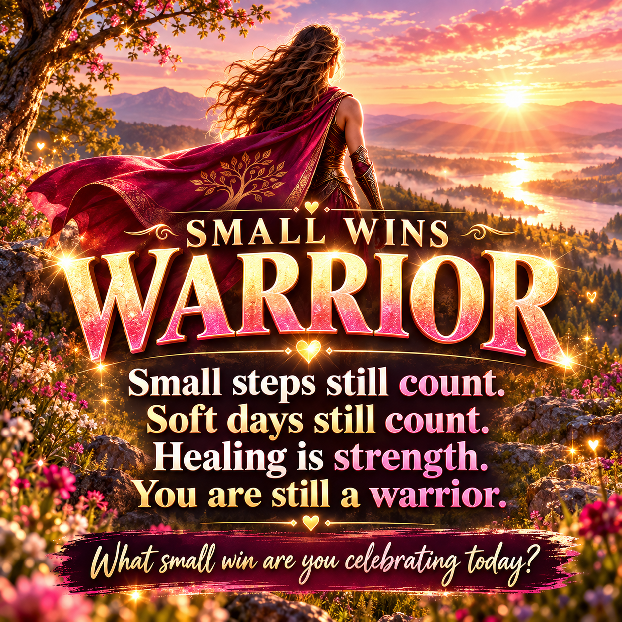 Small Wins Warrior artwork in a realistic mountain landscape at warm sunrise