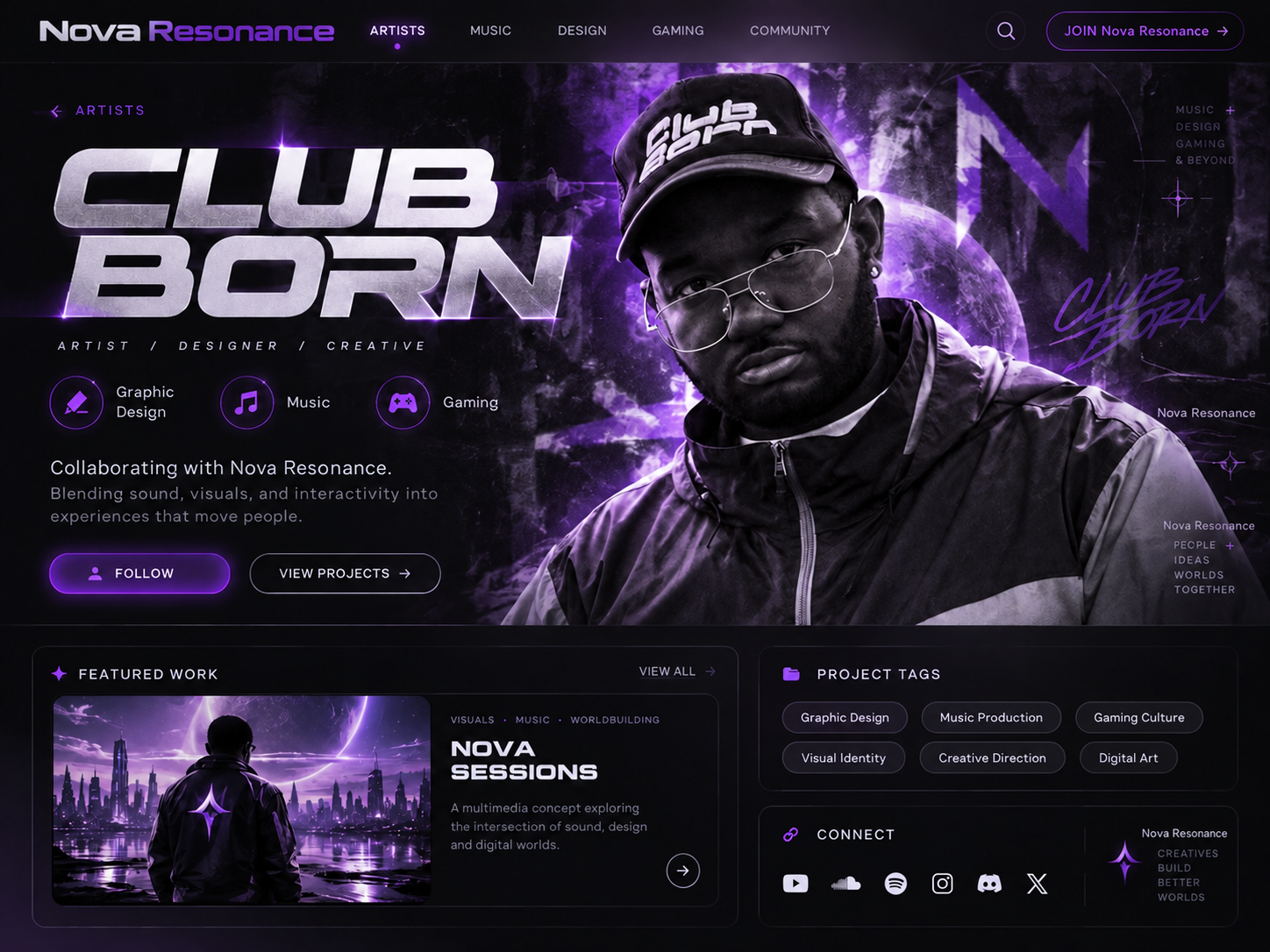 CLUB BORN purple and silver profile concept artwork