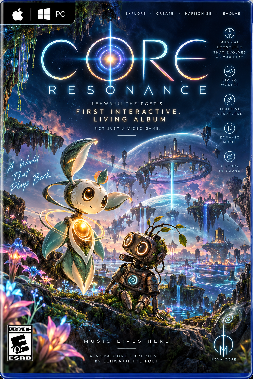 Core Resonance upcoming game artwork showing two robotic creatures in a floating musical ecosystem