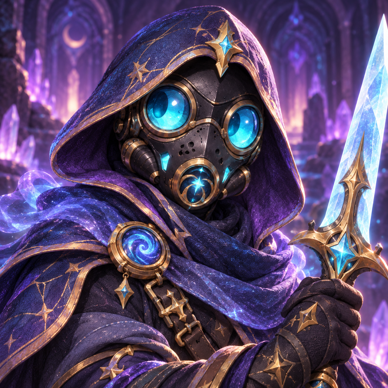 OXYGENKing in a purple star-patterned hood, with a gas mask, glowing blue goggles and a crystal sword