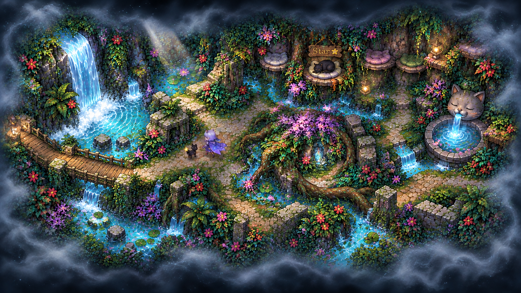 The Astral Haven: a peaceful garden board with waterfalls, Star resting in a cat nook and Asterelle tending the garden
