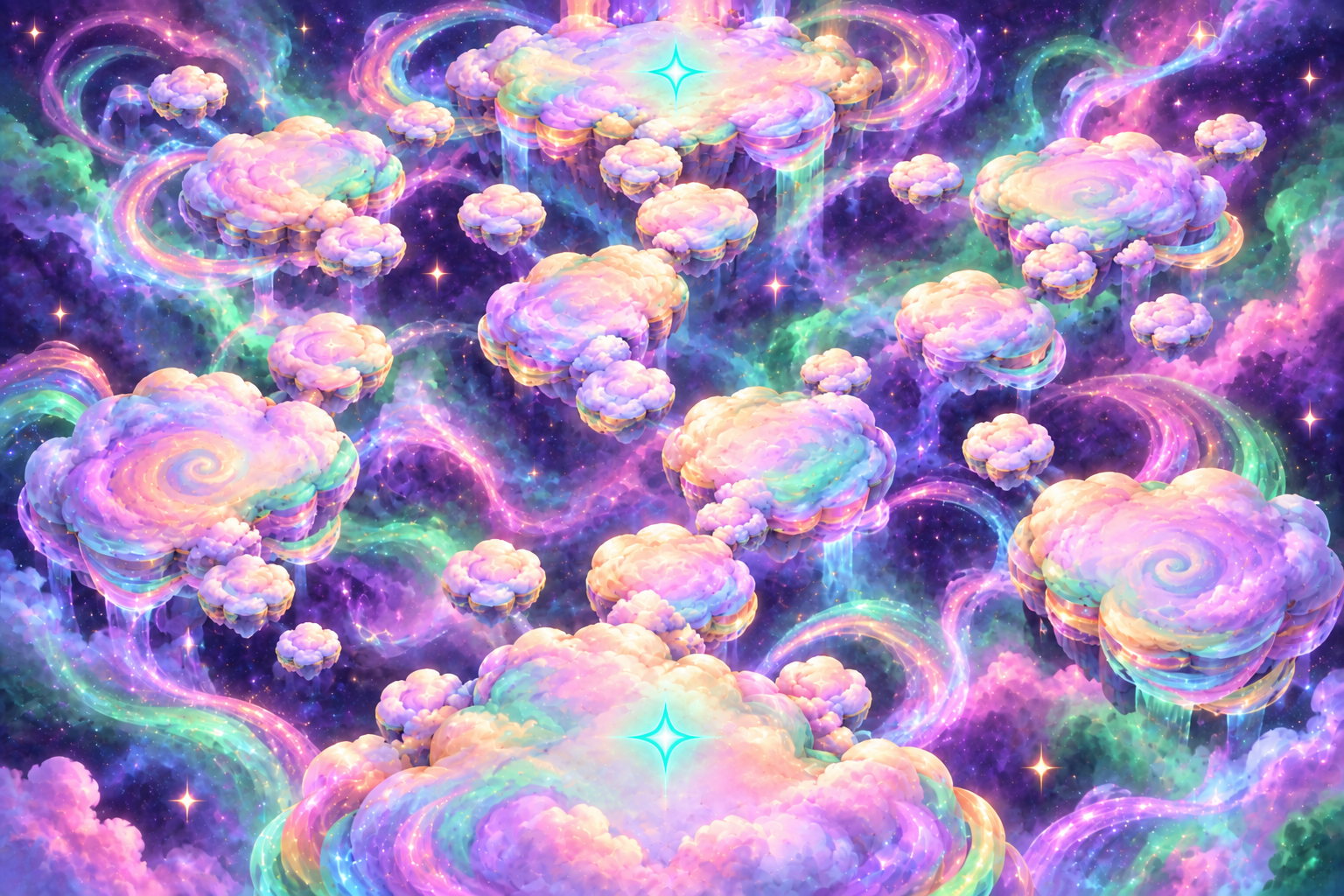 Cloudwalk Heights: pastel rainbow cloud platforms and teal stars floating through a cosmic sky