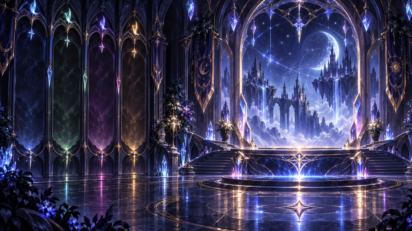 Crystal-lit Starforge character selection hall