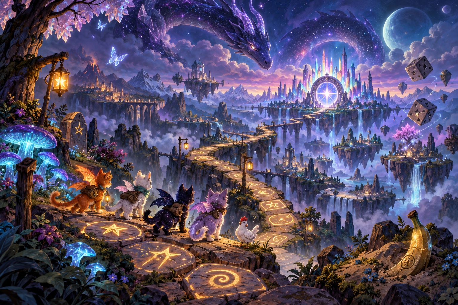 Four Starforge adventurers beginning their journey toward a glowing crystal castle
