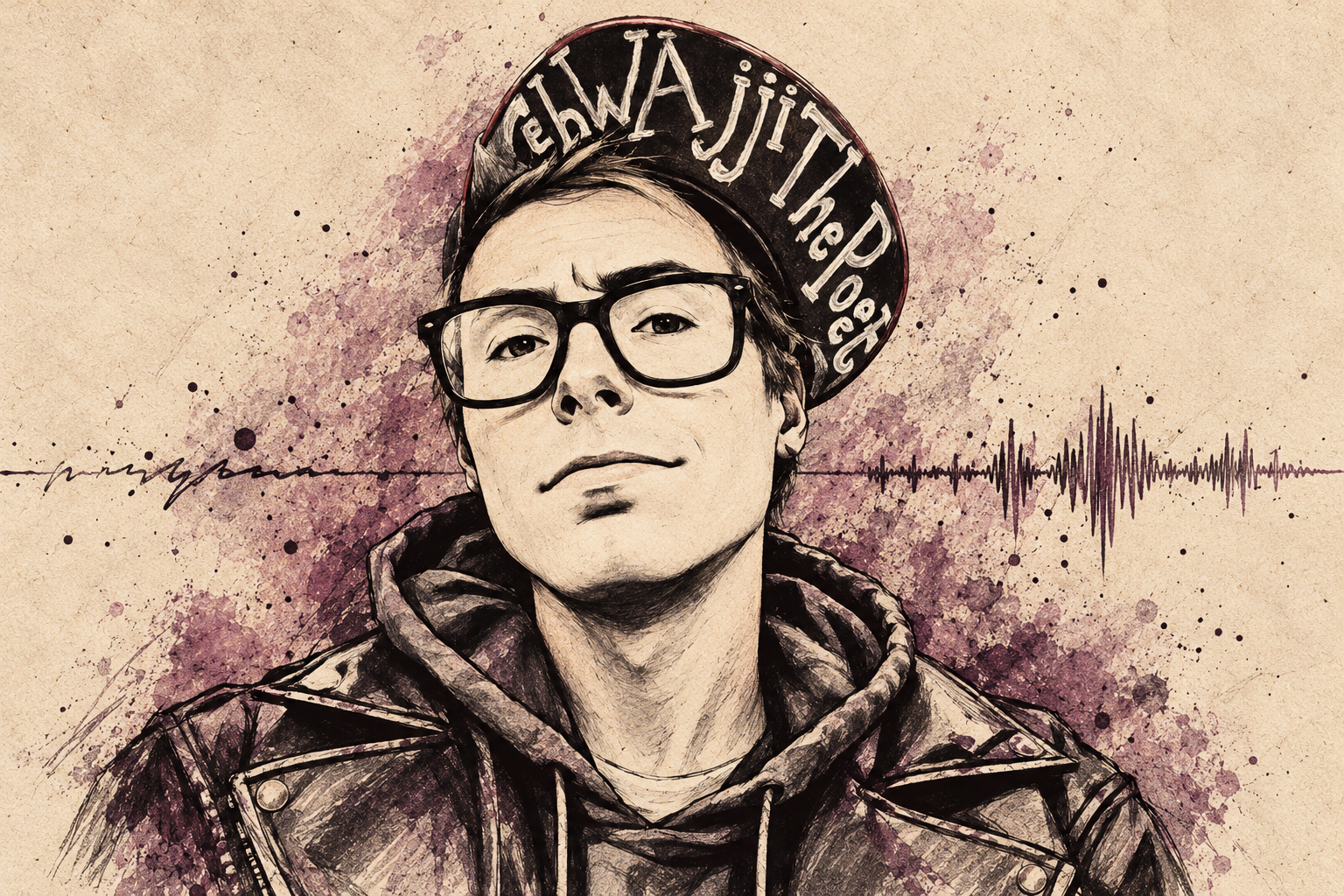 Charcoal-and-ink portrait of LEHWAJJI THE POET in glasses and his tilted, upturned cap with his name hand-painted beneath the brim