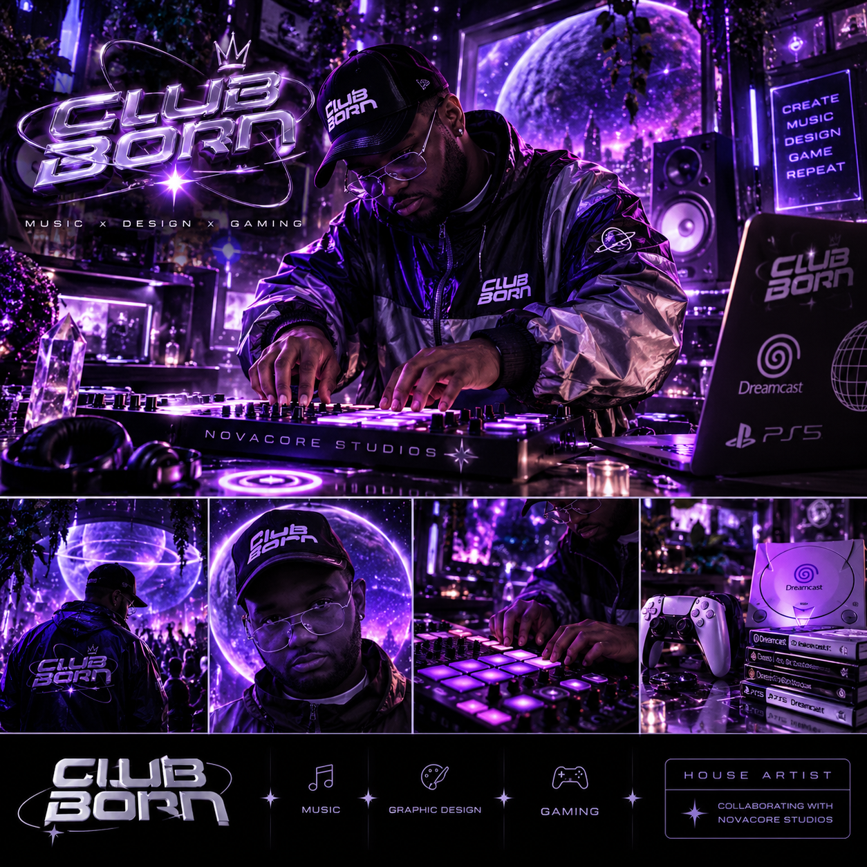 CLUB BORN creating music with a MIDI controller inside a purple Nova Resonance studio