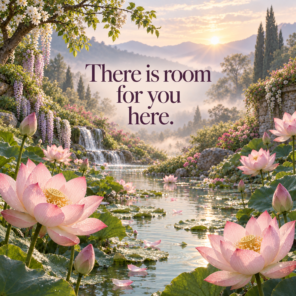 There is room for you here. Realistic blush-pink lotus flowers surround flowing water in a softly lit garden.
