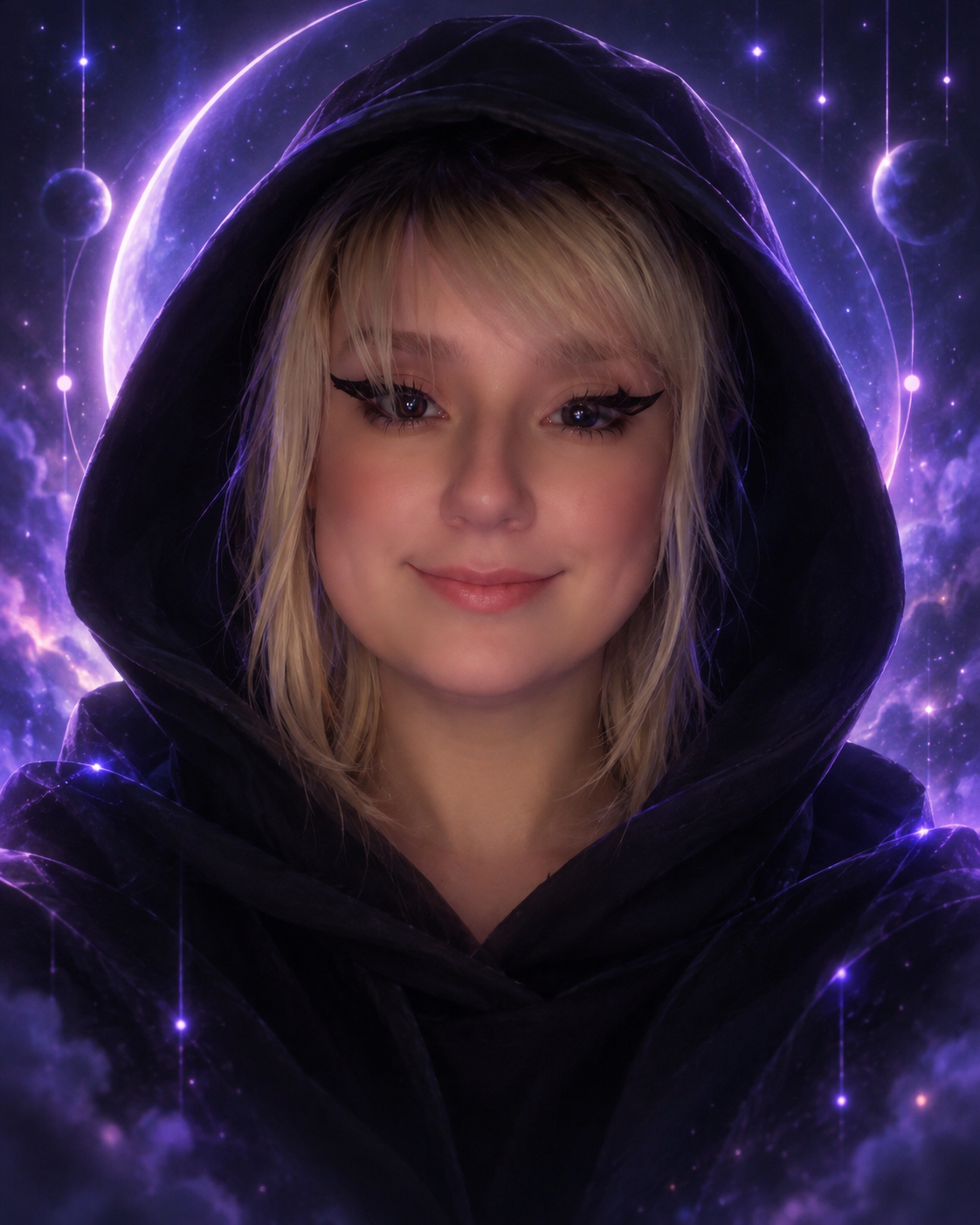 NOVA in a black hood, framed by purple cosmic light