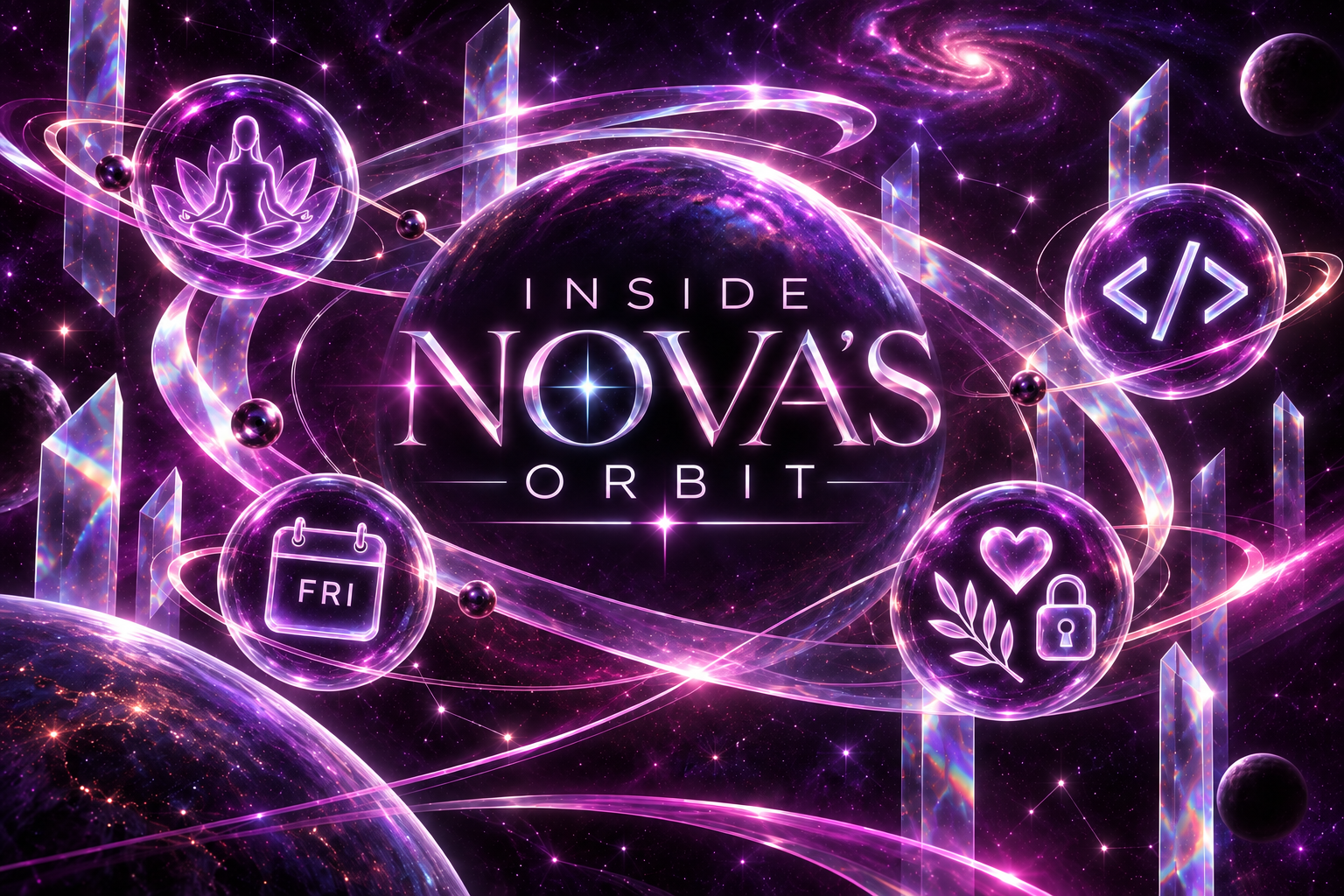 Inside NOVA’s Orbit artwork representing yoga, coding, Fridays, love, peace, and privacy