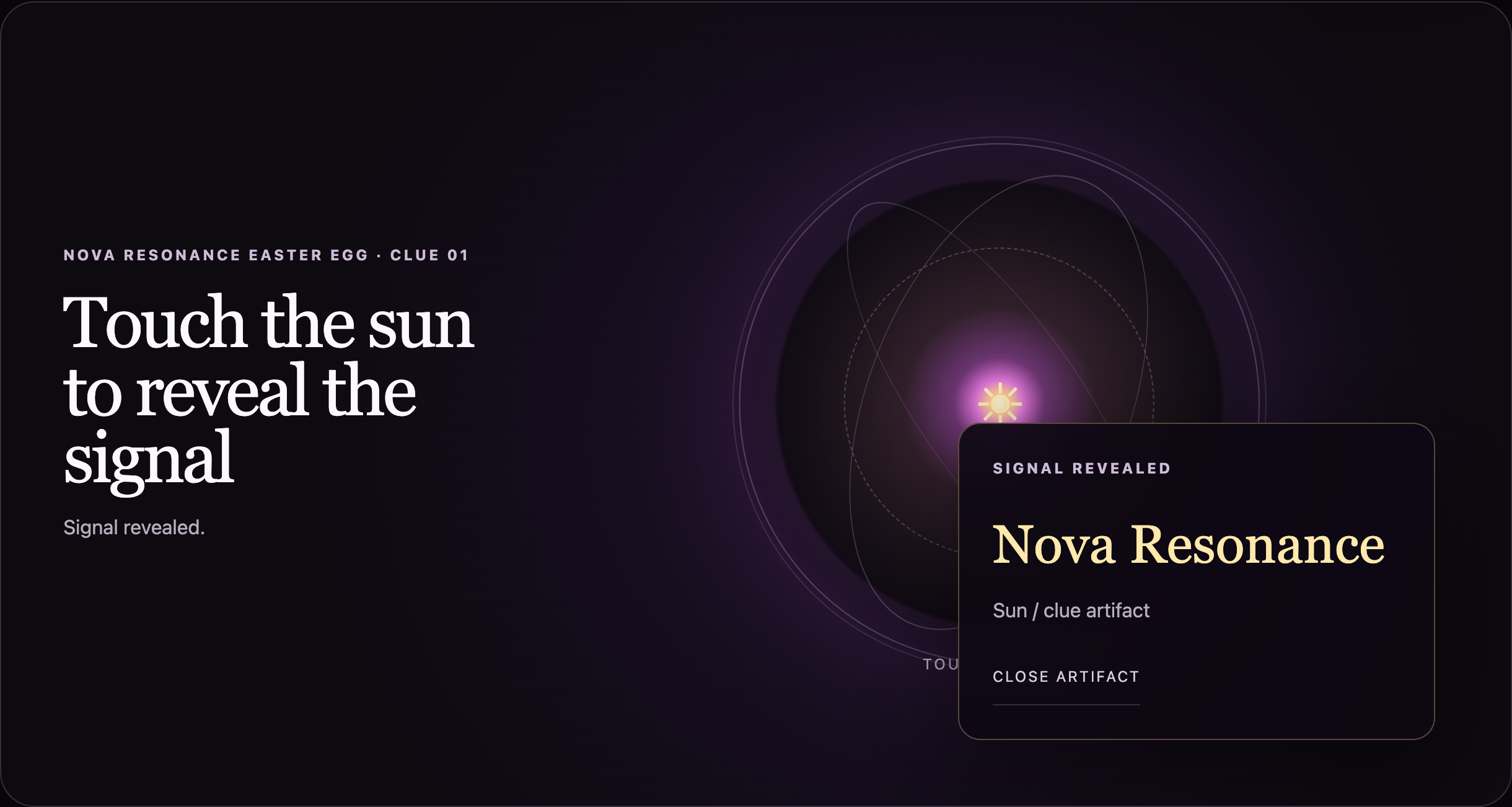 Preview of the playable Nova Resonance sun Easter egg, with glowing orbital rings and the Nova Resonance signal revealed