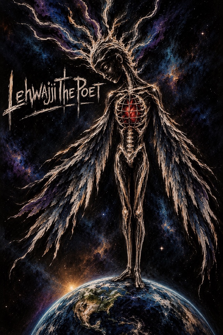 Lehwajji’s chosen artwork: a branching human figure, a glowing red heart, and bare feet standing on Earth beneath a star-filled sky.