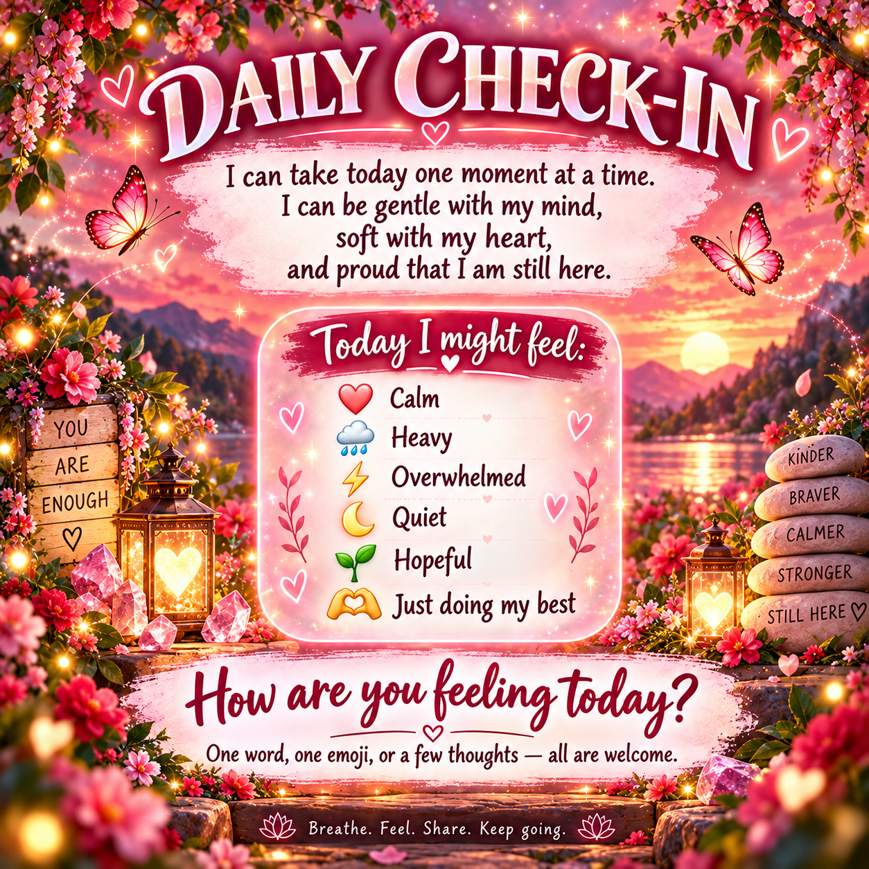 Miki Daily Check-In artwork with a realistic flowering landscape and gentle feeling choices